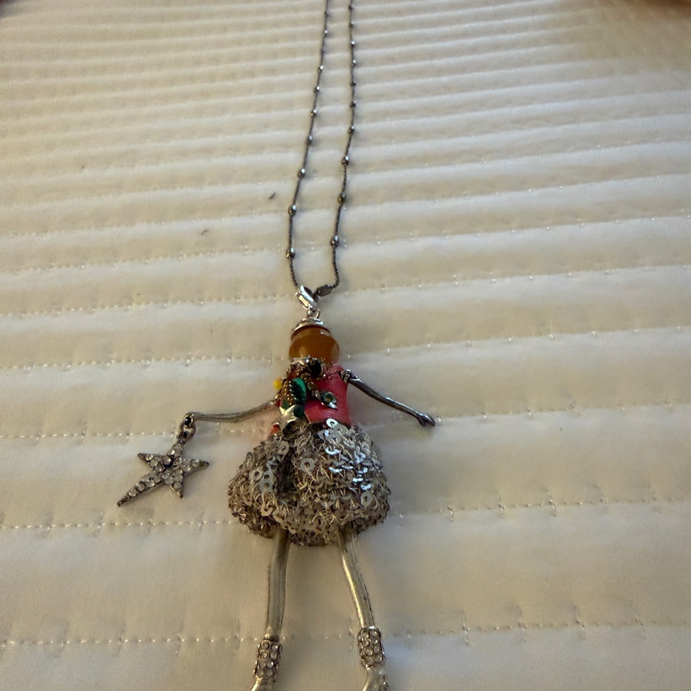 Doll Pendant Necklace with Star Charm - Silver & Pink Accents